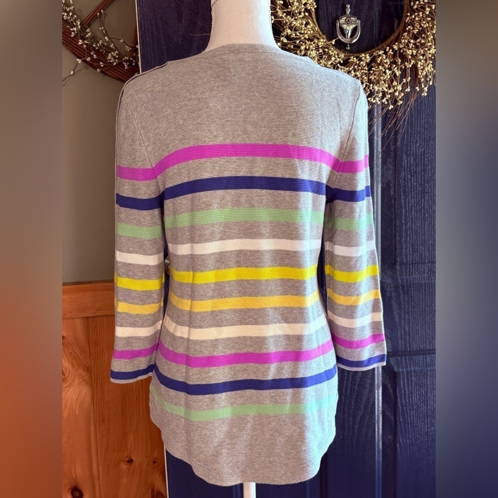 Talbots Gray Sweater Colorful Stripes Faux Buttoned Sleeve Women's Small NWT - Picture 6 of 11